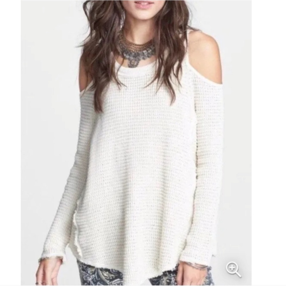 Free People Sunrise Cut Out Shoulder Cream Waffle Knit Cozy Sweater Top Sz XS
